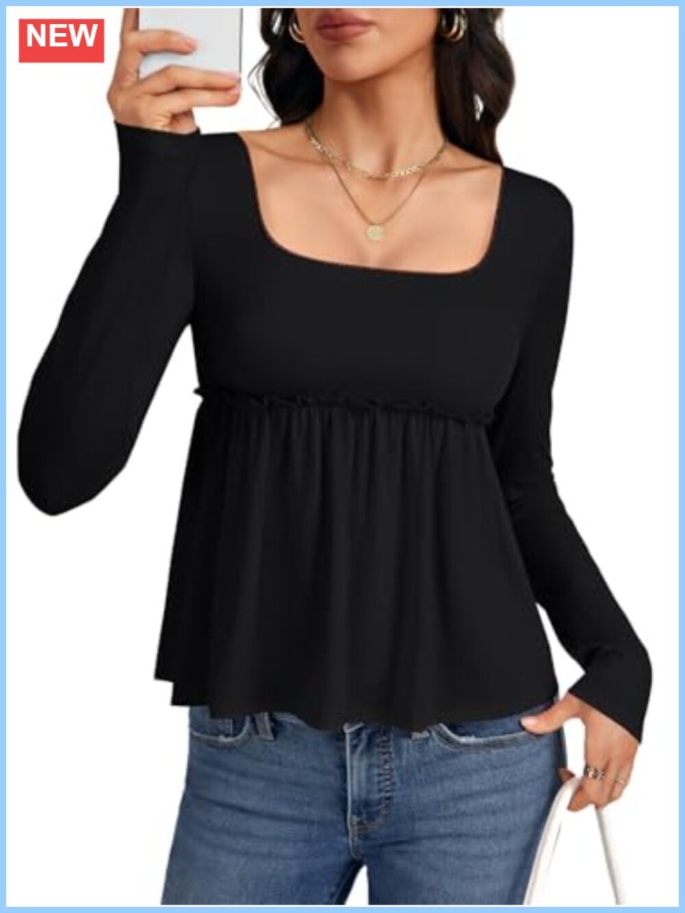 Womens Frill Square Neck Peplum Top Lace Trim Long Sleeve Slim Fit Blouse